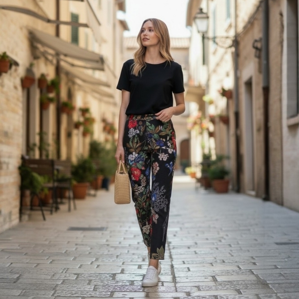 Desigual Women's Tropcal Muti Colour Print Viscose Tapered Lightweight Pants M